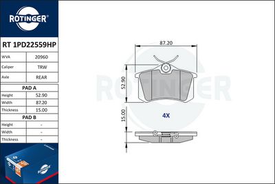 Zestaw klocków hamulcowych, hamulce tarczowe ROTINGER RT1PD22559HP