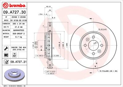 Тормозной диск BREMBO 09.A727.30 для RENAULT LODGY