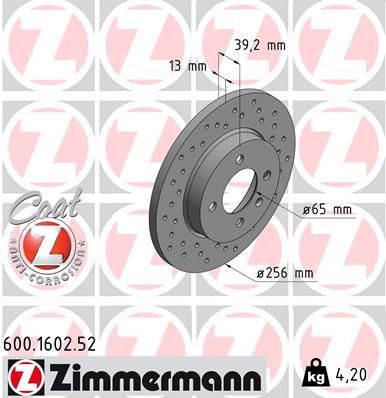 Тормозной диск ZIMMERMANN 600.1602.52 для SEAT INCA