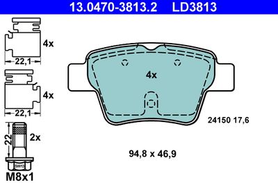 Комплект тормозных колодок, дисковый тормоз ATE 13.0470-3813.2 для PEUGEOT 307
