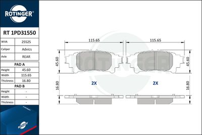 Комплект тормозных колодок, дисковый тормоз ROTINGER RT 1PD31550 для LEXUS RC