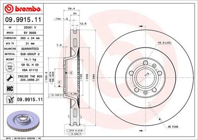 Тормозной диск BREMBO 09.9915.11 для VW PHAETON