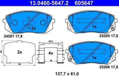 Комплект тормозных колодок, дисковый тормоз ATE 13.0460-5647.2 для KIA PROCEED