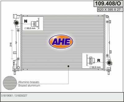 Радиатор, охлаждение двигателя AHE 109.408/O для ABARTH 500C