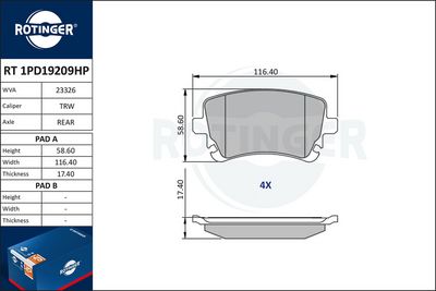Zestaw klocków hamulcowych, hamulce tarczowe ROTINGER RT1PD19209HP