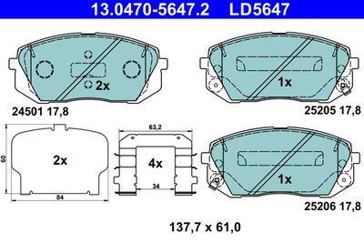 Комплект тормозных колодок, дисковый тормоз ATE 13.0470-5647.2 для HYUNDAI i40