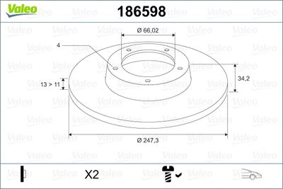 Тормозной диск VALEO 186598 для PEUGEOT 206