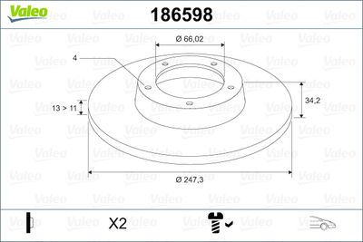 Тормозной диск VALEO 186598 для PEUGEOT 206+