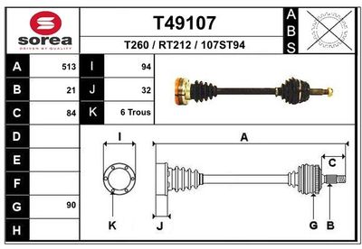 EAI T49107 Сальник полуоси  для RENAULT CLIO I (B/C57_, 5/357_) 1.4 (B/C57T, B/C57Y)
