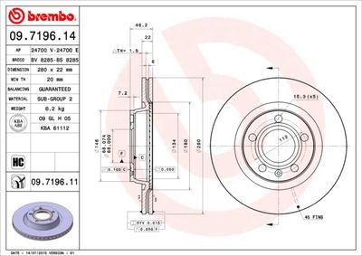 Тормозной диск BREMBO 09.7196.11 для AUDI A8