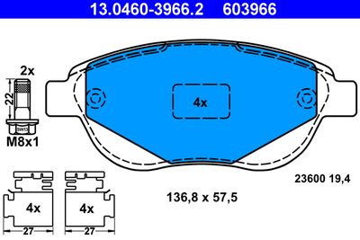 Комплект тормозных колодок, дисковый тормоз ATE 13.0460-3966.2 для PEUGEOT 206