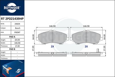 комплект спирачно феродо, дискови спирачки ROTINGER RT 2PD21439HP