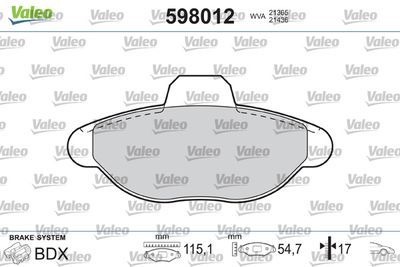 Комплект тормозных колодок, дисковый тормоз VALEO 598012 для LANCIA Y10