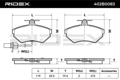 комплект спирачно феродо, дискови спирачки RIDEX 402B0083