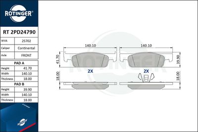 Комплект тормозных колодок, дисковый тормоз ROTINGER RT 2PD24790 для SMART FORFOUR