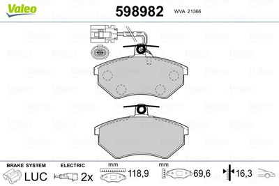 Комплект тормозных колодок, дисковый тормоз VALEO 598982 для VW VENTO