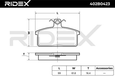 комплект спирачно феродо, дискови спирачки RIDEX 402B0423