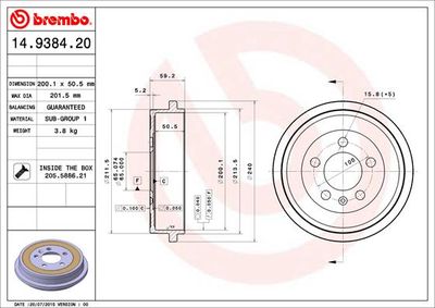 Тормозной барабан BREMBO 14.9384.20 для AUDI A2