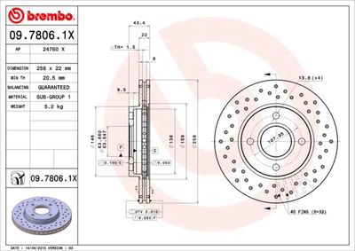 BREMBO 09.7806.1X Тормозные диски  для FORD KA (Форд Kа)