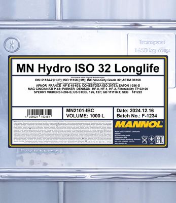 Hydraulolja ISO 32 Longlife 1000 Liter MANNOL MN2101-IBC-1000