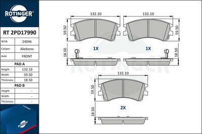 комплект спирачно феродо, дискови спирачки ROTINGER RT 2PD17990
