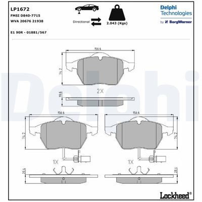 Zestaw klocków hamulcowych, hamulce tarczowe DELPHI LP1672