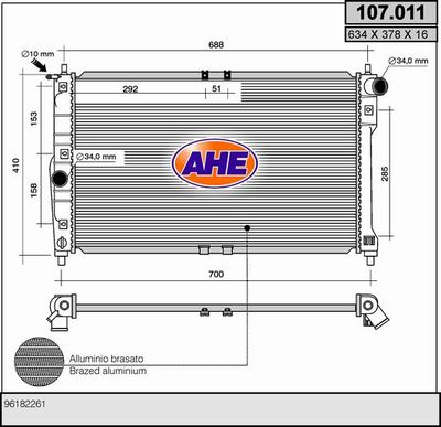 Радиатор, охлаждение двигателя AHE 107.011 для DAEWOO LANOS