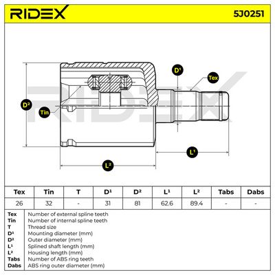каре комплект, полуоска RIDEX 5J0251