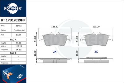 комплект спирачно феродо, дискови спирачки ROTINGER RT 1PD17019HP