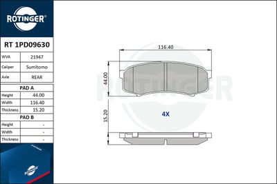 Комплект тормозных колодок, дисковый тормоз ROTINGER RT 1PD09630 для LEXUS GX