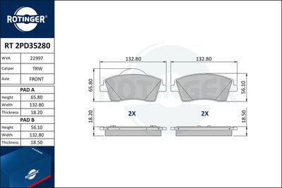 комплект спирачно феродо, дискови спирачки ROTINGER RT 2PD35280