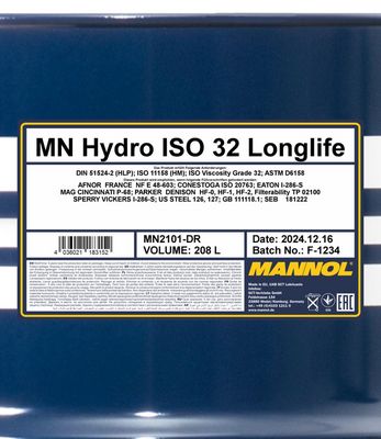 Hydraulolja ISO 32 Longlife 208 Liter MANNOL MN2101-DR-208