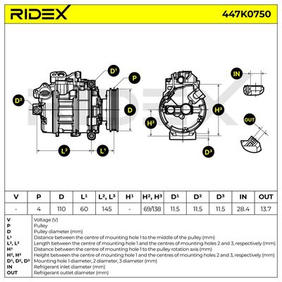 компресор, климатизация RIDEX 447K0750
