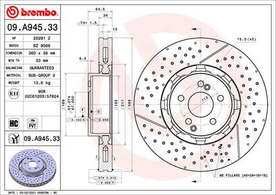 Тормозной диск BREMBO 09.A945.33 для MERCEDES-BENZ AMG