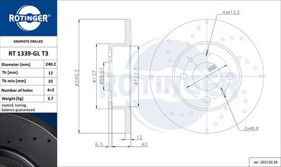 Тормозной диск ROTINGER RT 1339-GL T3 для FIAT DUNA