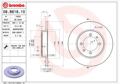 Тормозной диск BREMBO 08.B618.10 для PROTON GEN