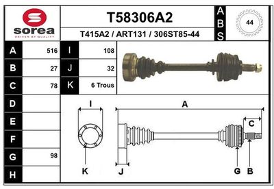 Приводной вал EAI T58306A2 для ALFA ROMEO 164