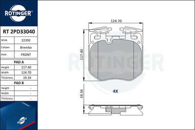 Zestaw klocków hamulcowych, hamulce tarczowe ROTINGER RT 2PD33040