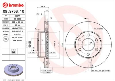 Тормозной диск BREMBO 09.9758.10 для IVECO DAILY