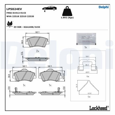 Zestaw klocków hamulcowych, hamulce tarczowe DELPHI LP5024EV