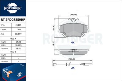 комплект спирачно феродо, дискови спирачки ROTINGER RT 2PD08859HP