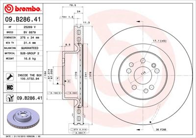 Тормозной диск BREMBO 09.B286.41 для MAYBACH 62