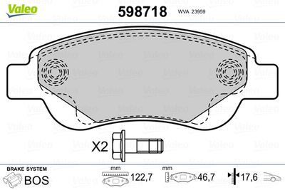 Комплект тормозных колодок, дисковый тормоз VALEO 598718 для TOYOTA AYGO