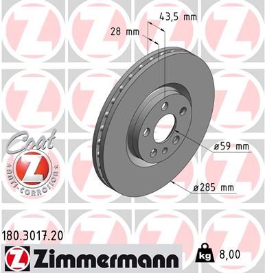 Тормозной диск ZIMMERMANN 180.3017.20 для PEUGEOT 807