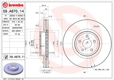 BREMBO 09.A870.14 Тормозные диски  для SUBARU OUTBACK (Субару Оутбакk)