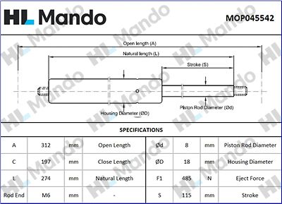 MANDO MOP045542 Амортизатор багажника и капота  для LEXUS GS (_S19_) 350 (GRS191_)