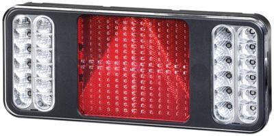 Achterlicht Rechts (LED, 24V, red/transparant/wit, met indicator, anti-fog licht, achteruitrijlicht, met stoplicht, parkeerlicht, driehoekige reflector)