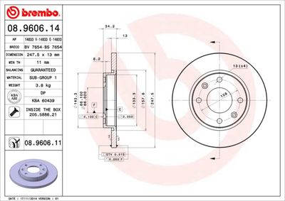 Тормозной диск BREMBO 08.9606.11 для PEUGEOT 206+