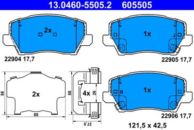 Комплект тормозных колодок, дисковый тормоз ATE 13.0460-5505.2 для KIA PICANTO