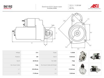 Starter AUTOSTARTER S6192 for HONDA